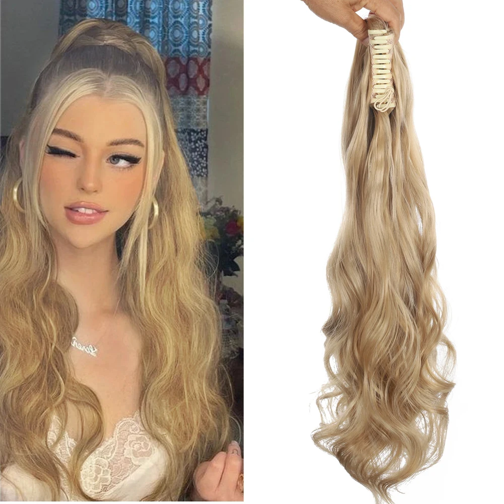 

Synthetic Ponytail Hair 22Inch Extension Long Wavy Claw Clip Ponytail Heat Resistant Natural Wave For Women Blonde Hairpiece