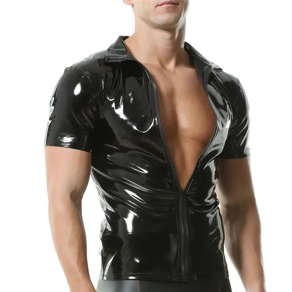 Men\'s Shirts PVC Leather Nightclub Stage T Shirts Short Sleeve Turn-down Collar Zipper Shirts Tops Latex Wetlook Dance Clubwear