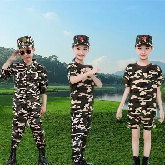 

Children Camouflage Uniform Suit Breathable Shorts Sleeve +shorts+hat Outdoor Development Summer Camp Military Training Unifo