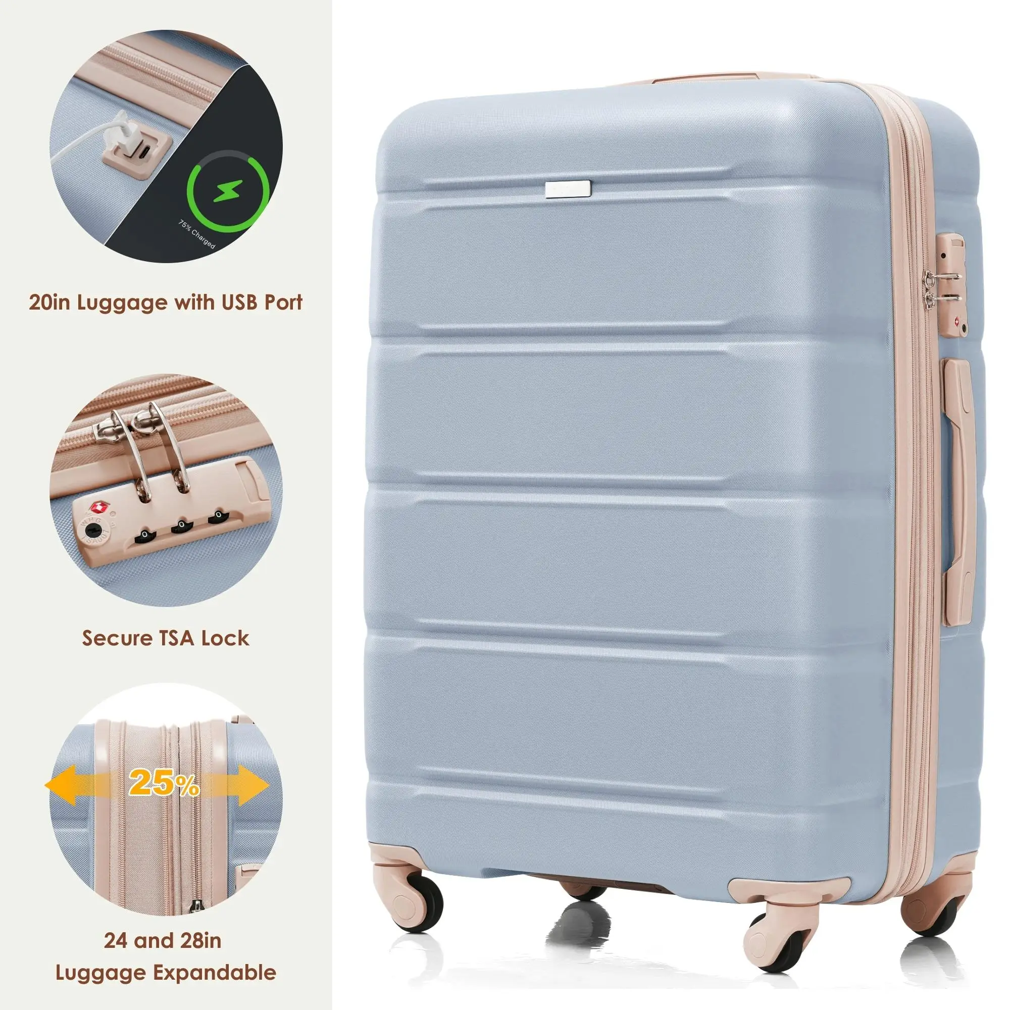 4-Piece Luggage Set 20 with USB Port, Expandable Durable ABS Hard Shell Suitcase, Travel Bag & Cup , Light Blue & Gold