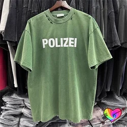 2024 Vintage Green POLIZEI T-shirt Men Women Double POLIZEI Logo Tee Break Details Tops Oversize Wash Short Sleeve