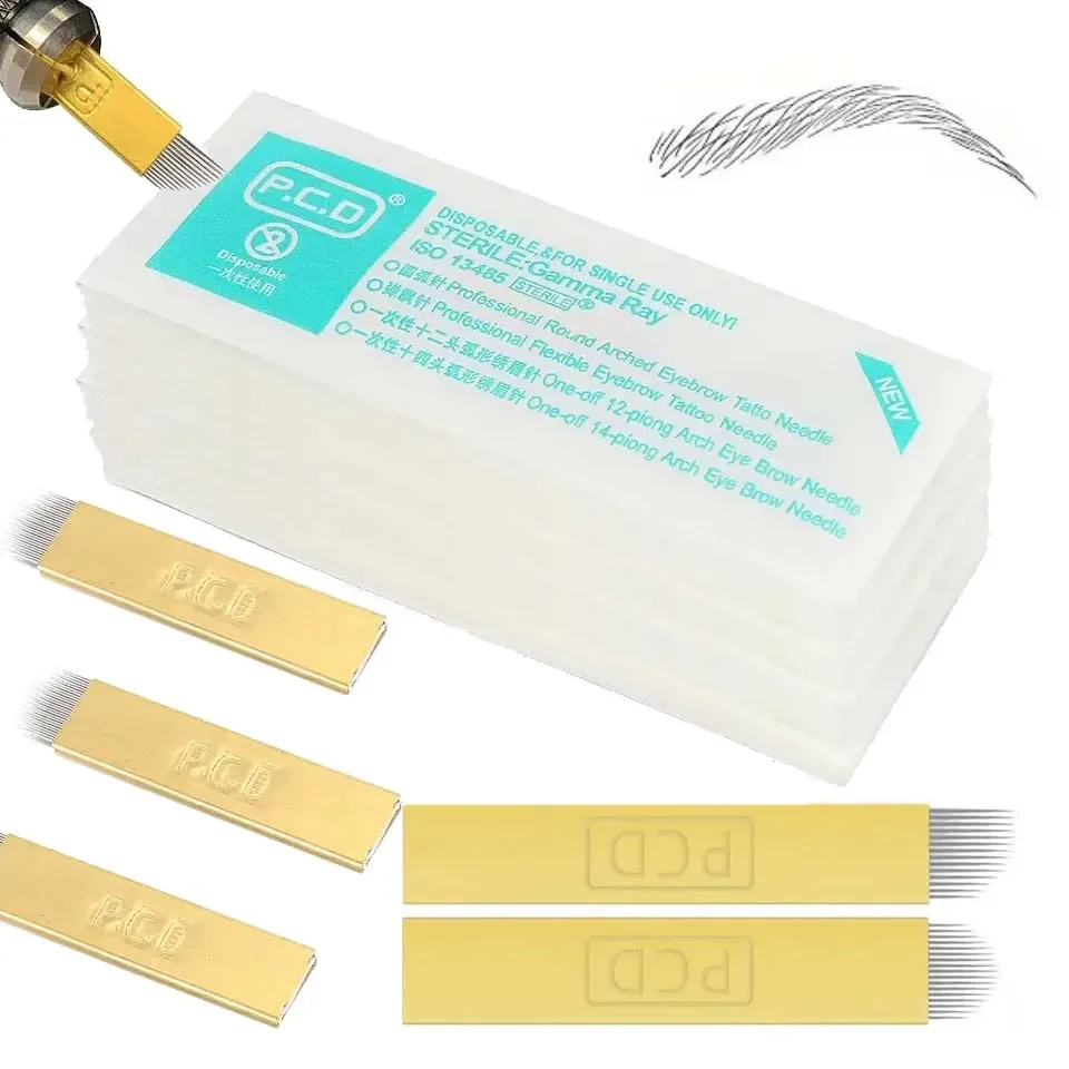 100/10pcs Microblading Needles PCD 14 Pins 14U Permanent Makeup Blades PMU Curved Blade Tattoo Needle Eyebrow Pen Blades Tool