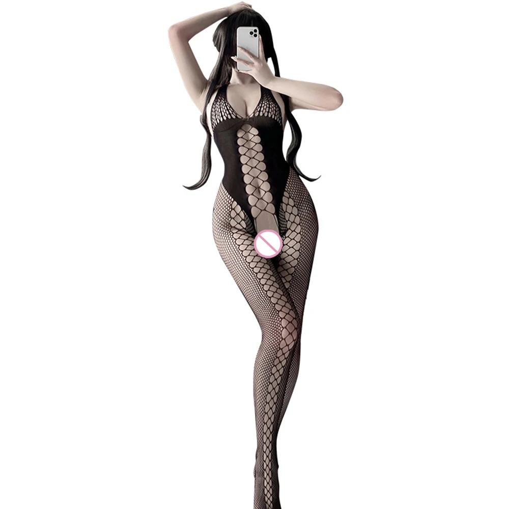 طقم ملابس داخلية نسائية بدون أكمام من قطعة واحدة مفتوحة بين الفتحتين ، جوارب مثيرة شفافة ، ملابس للكبار غريبة