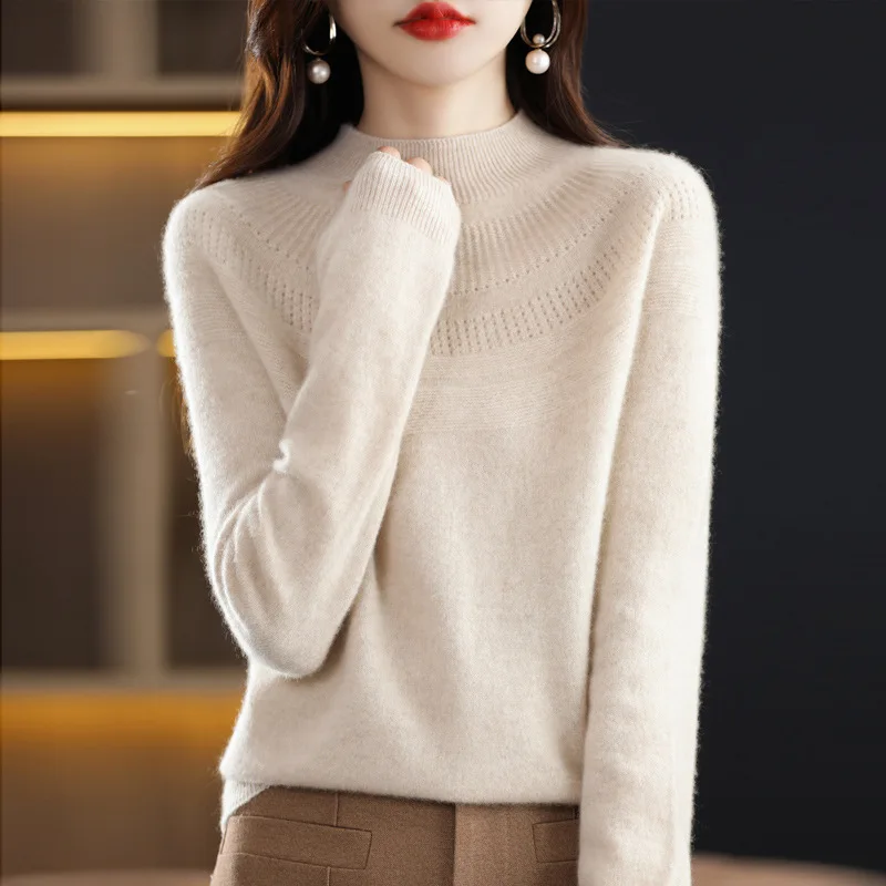 

New Autumn Winter Women Hollow Out Solid Half Turtleneck Sweater Pull Fashion Knitwear Pullovers Clothing Jumper Blouse Y03