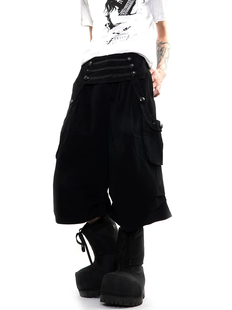 REDDACHiC Punk Retro Cargo Capri Jeans Men Emo Button Wide Leg Elastic Waist Bermuda Denim Shorts Grunge Alternative Clothes