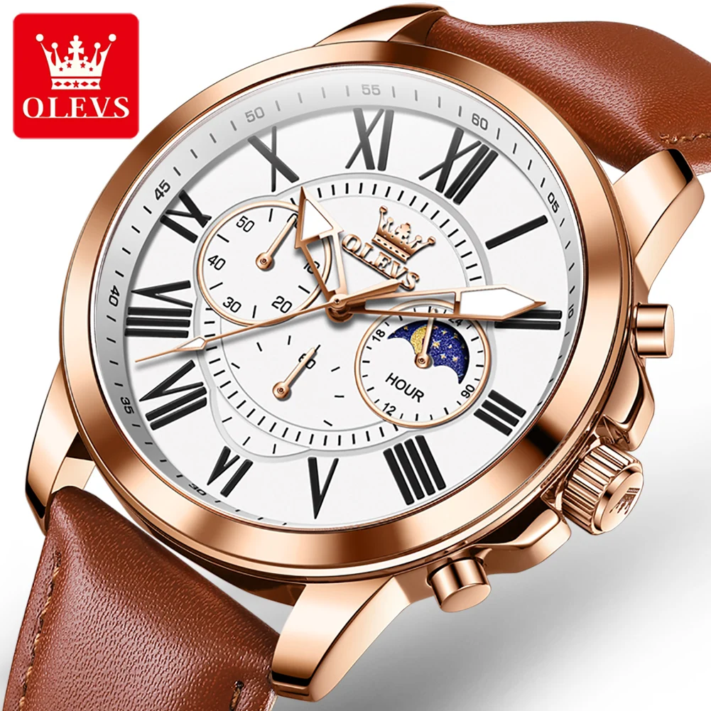 

OLEVS Brand New Fashion Moon Phases Big Dial Quartz Watch Men Leather Waterproof Luminous Date Luxury Chronograph Watches Mens