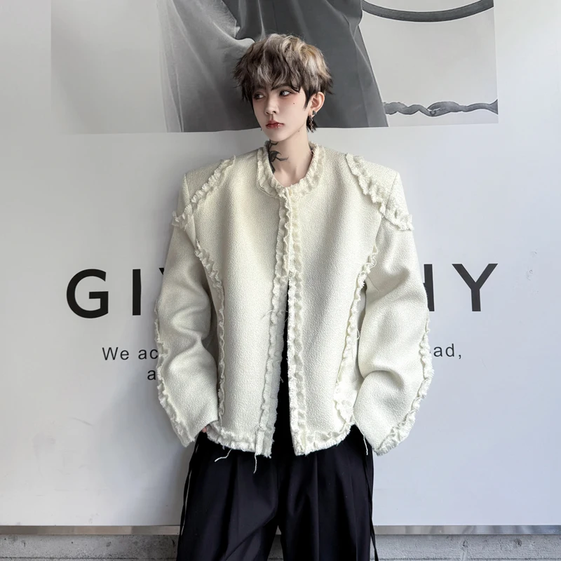 

ort Notched Collar Men's Cardigan Embellied with Earlet Lace Trim Loose Fit Casual Sle Long Sve Single Button Suit