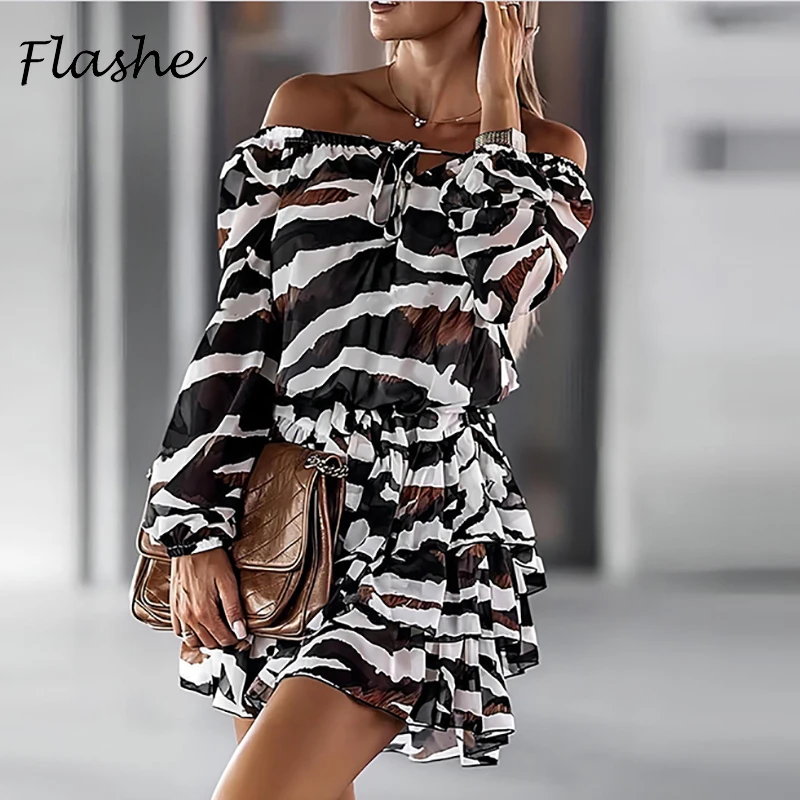 

Summer Women Dress Boho Off Shoulder Vintage Print Sexy Mini Dress Women Elastic Waist Long Sleeve Beach Holiday Dresses