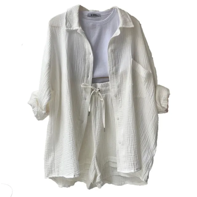 Letni garnitur damski Krótkie zestawy Stroje Muślinowy garnitur dla kobiet 2024 Dwuczęściowe zestawy Odzież damska Stroje z klapami na guziki