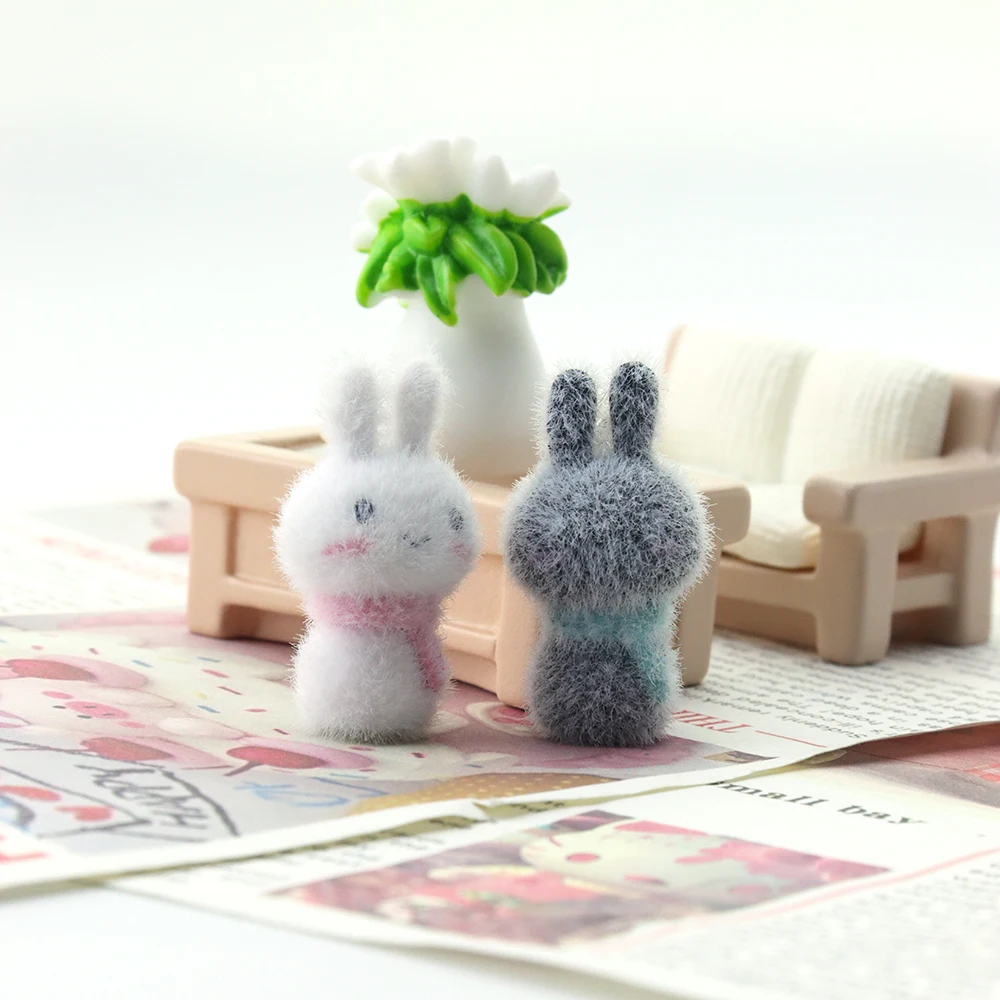 30Pcs 3D Flocking Resin Rabbit Charms Mini Plush Dolls Pendant for Necklace Earrings Keychain DIY Making Jewelry Accessories