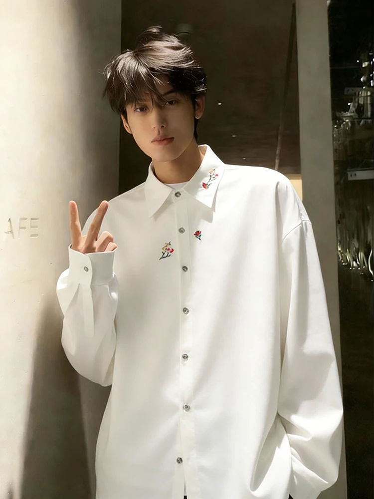 White Floral Embroidery Long Sleeve Casual Shirt Men's Style Spring New Chinese Style Jacket High-End Feeling Handsome Leisur...