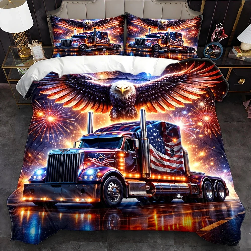 3Pc American Heavy Truck Eagle Theme Duvet Cover Set, Three-Piece Bedding Set (1*Duvet Cover + 2*Pillowcases), Suitable for All Seasons, Machine Washable, Includes Invisible Zipper Double Bed Cover, Suitable for Home, Dormitory, Master Bedroom, Guest Room, American Flag Element Truck Print Bedding, Colorful Fireworks Style Bedding Set, Large Duvet Cover Suitable for Double Bed, Durable, Skin-Friendly, Easy-Care Bedding Set 2D Flat Print