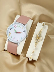 Women's Korean minimalist quartz watch+1 pearl bracelet