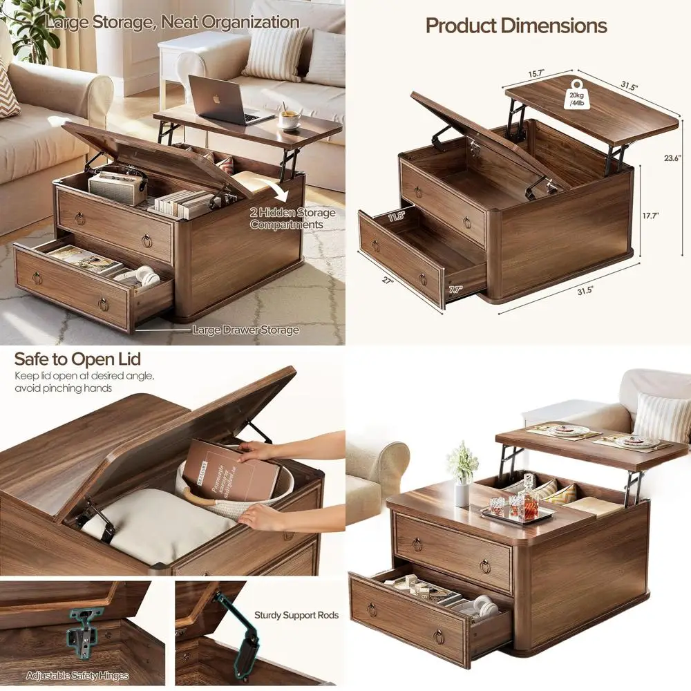 

Квадратный журнальный столик в фермерском стиле с подъемной столешницей, ящиками для хранения и скрытыми отделениями из ореховой отделки