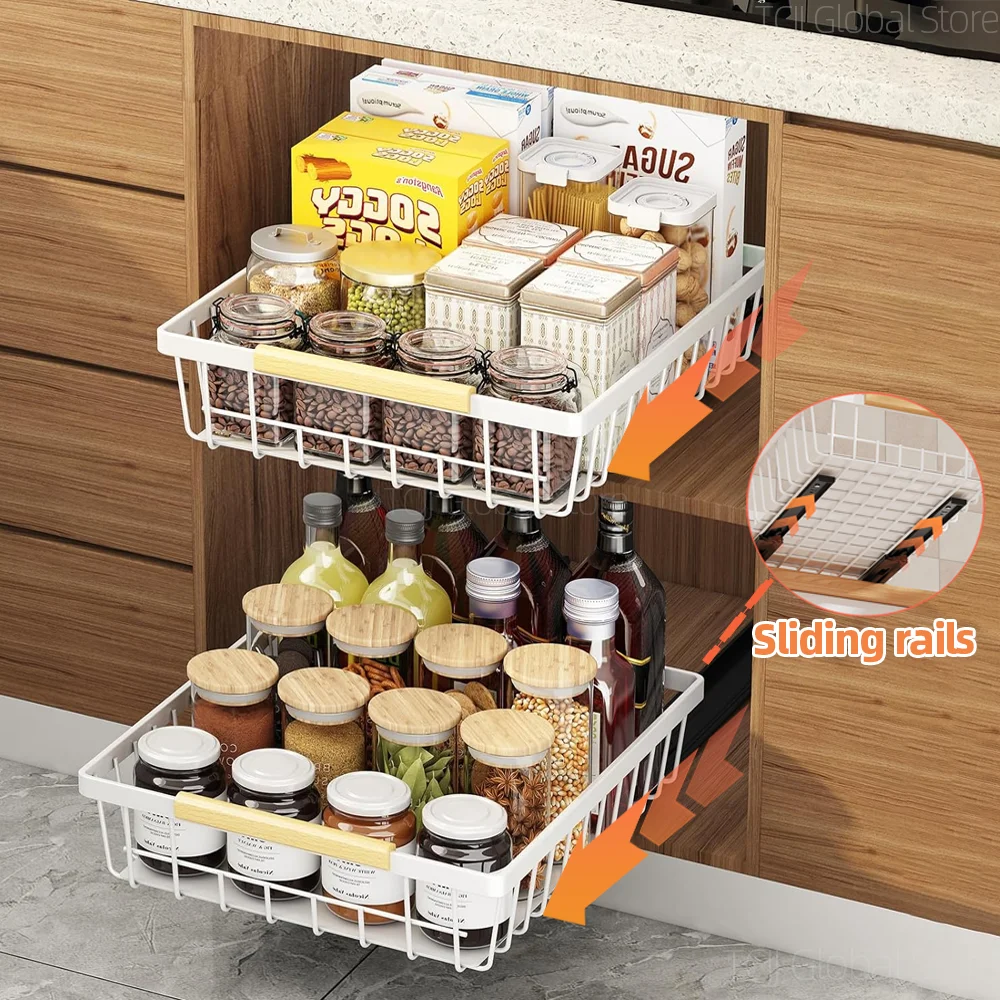 Kitchen Sliding Drawer with Sliding Rails Cabinet Storage Shelf Spice Rack Dish Shelf Under Sink Pantry Kitchen Sliding Shelf