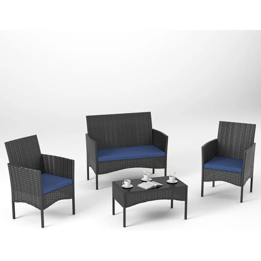 

4-Piece Outdoor Wicker Patio Furniture Set with Coffee Table, Loveseat, Chairs, and Navy Blue Cushions