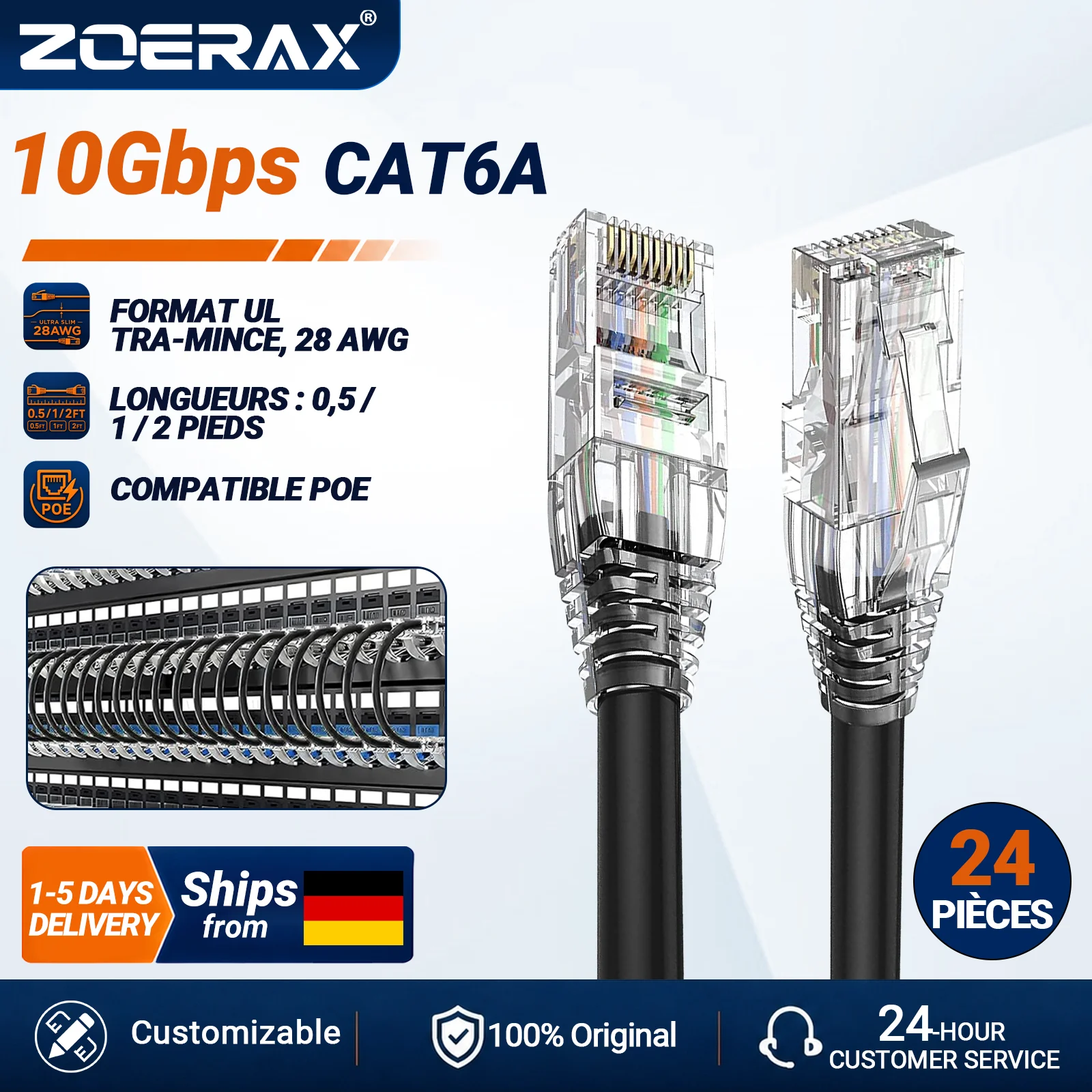Câble Ethernet ZoeRax RJ45 CAT6A CAT6 10 Gbit/s PoE, câble LAN 28AWG UTP pour panneau de brassage, PC, TV, routeur, tablette
