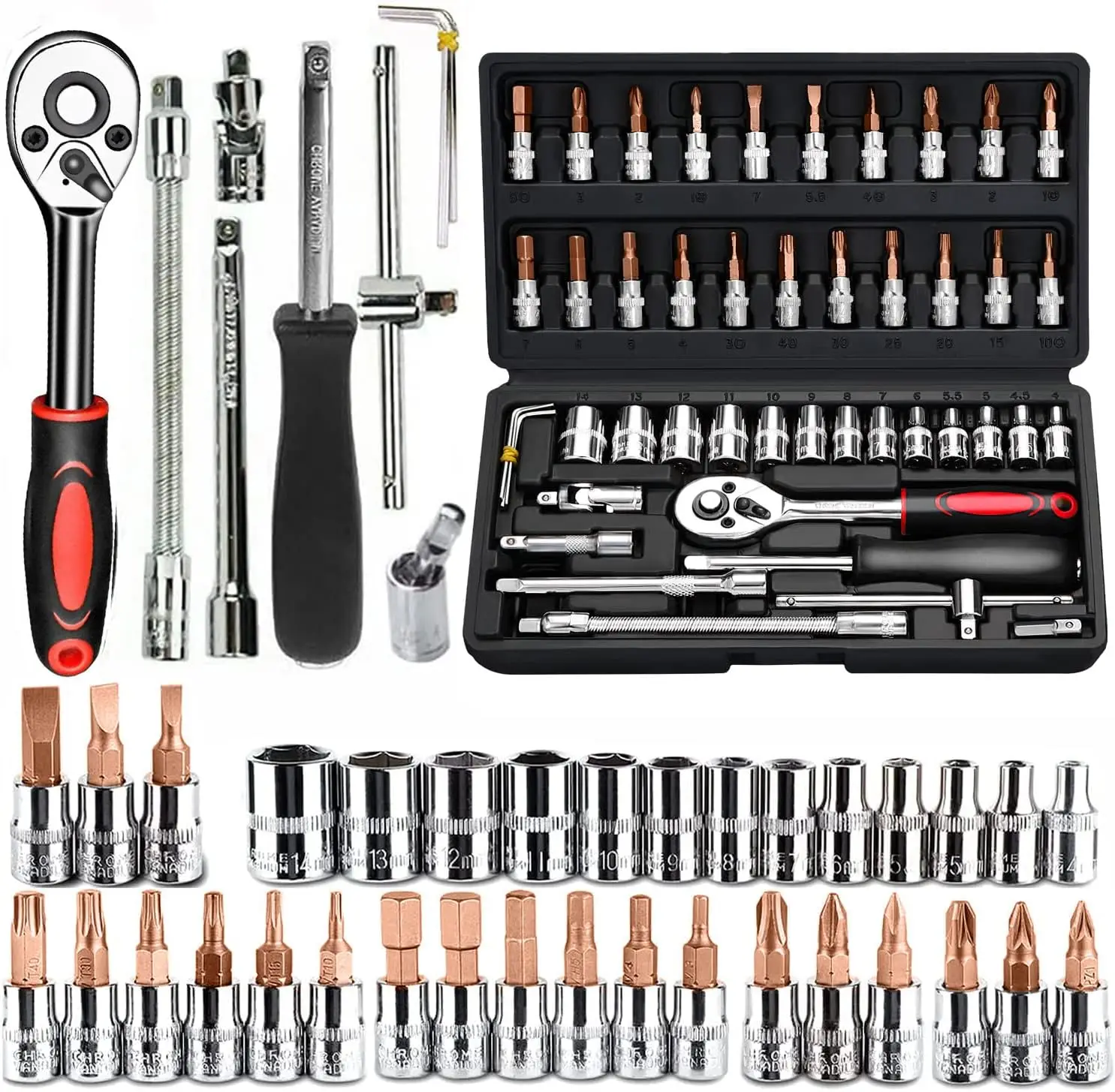 

46 PCS Car Repair Tool Kit Socket Wrench Set,Quick-release Ratchet, 1/4" Drive Bit Metric Combination Tools for Auto Repairing