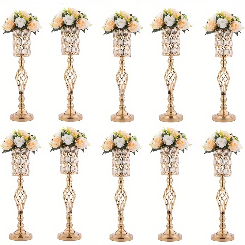 

2/10 Piece Set Metal Diamond Crystal Vase, 24 Inch Gold Multi-Purpose Tall Flower Stand, Wedding Centerpiece Birthday Party