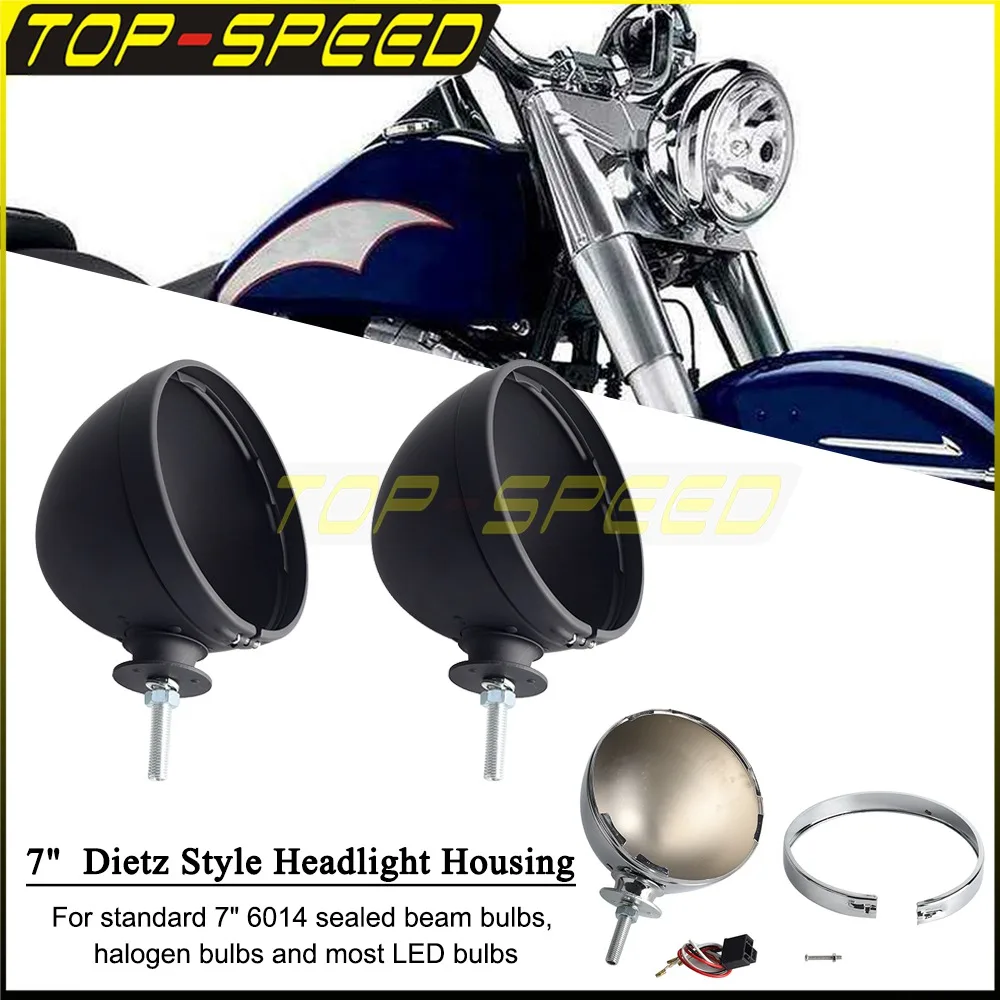 

7" Chrome Motor LED Headlight Lamp Bucket Housing For Harley Bobber Cafe Racer SX650 CB250 Fit 6014 Sealed Beam Bulbs Universal