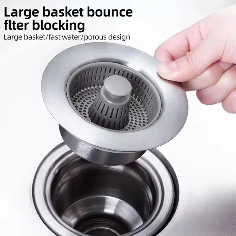Kitchen Filter Sink 3 In 1 Pop Up ABS Silver Plated Sink Strainer Drain Basket Stopping Blockage Bouncing Core Leak-proof Plug