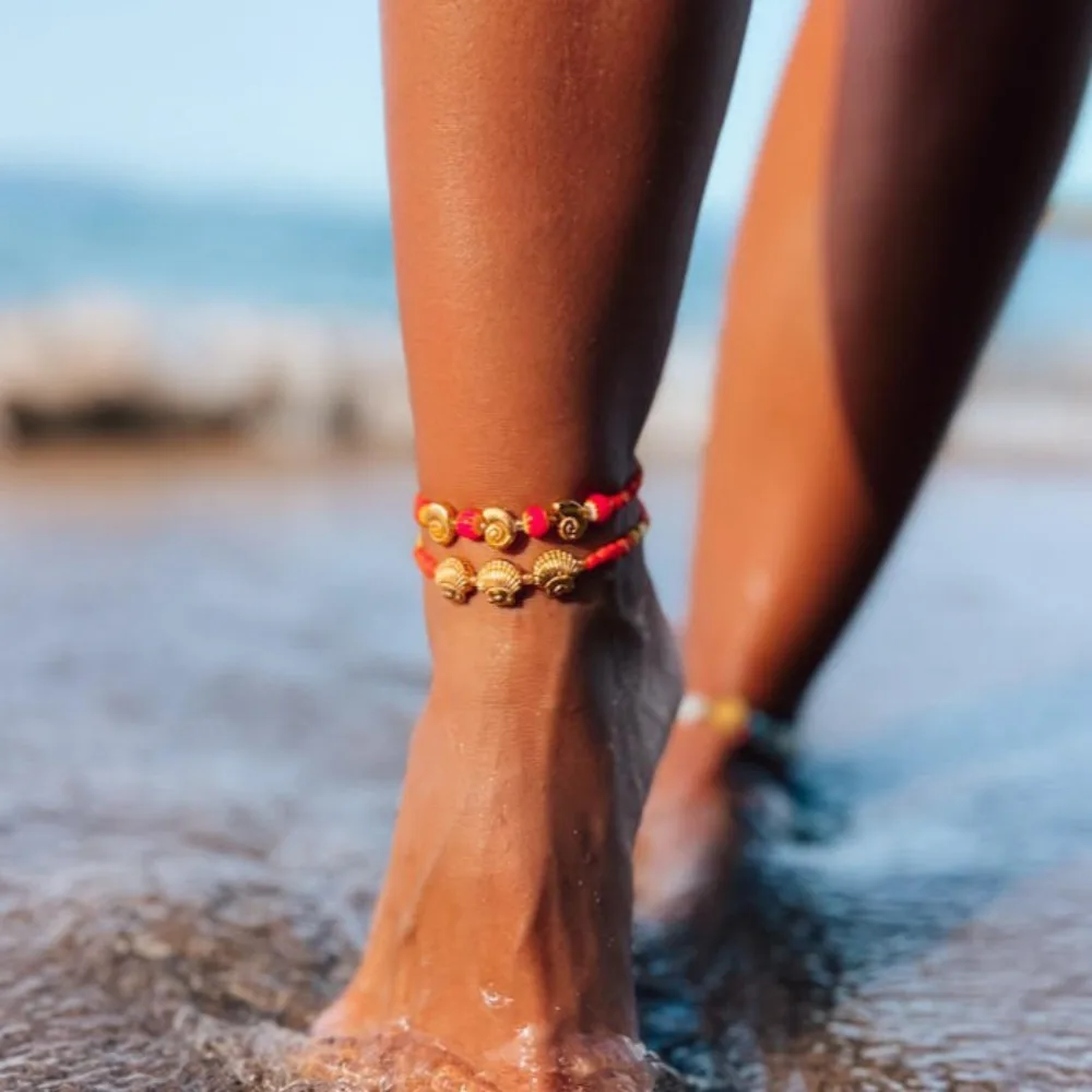 Bohemian Beach Style Metal Striped Small Snail Shell Anklet Handmade Weave Shells Beads Braceletes Trend Waterproof Foot Jewelry