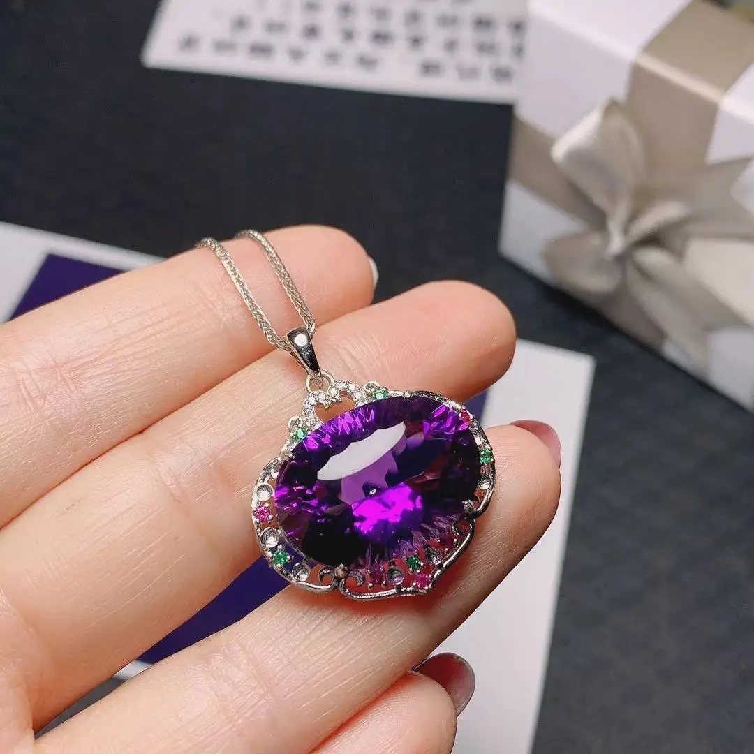 Natural Amethyst  Silver 15mm*20mm Total 15ct  Pendant Birthday Gift Classic Amethyst Necklace for Wedding 925 Silver