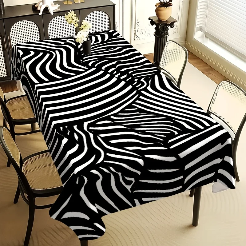 Modern Zebra Print Tablecloth, Black White Base With Distorted Wavy Stripe Pattern, Waterproof Table Cover for Party & Daily Use