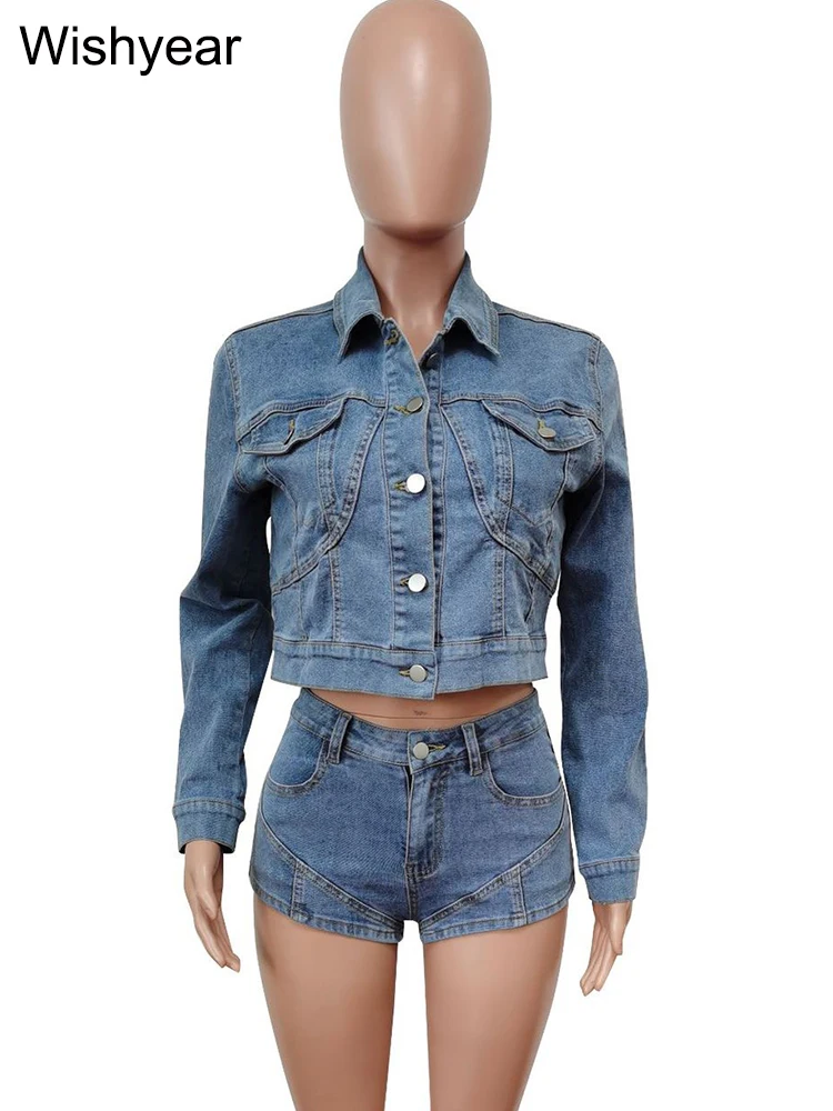 Wishyear Sexy Blue Denim Jacket and Shorts Matching Sets Women Jean Two Piece Suits Streetwear Fall Birthday Party Club Outfits