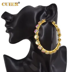 CuiEr 8CM Women Hoop Earrings with 8mm Square Glass Crystal Gemstone Jumbo size Jewelry For Party Fashion Show Drag Queen