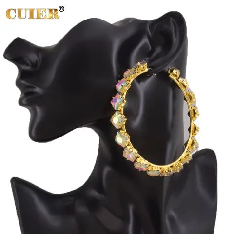 CuiEr 8CM Frauen Hoop Ohrringe mit 8mm Platz Glas Kristall Edelstein Jumbo größe Schmuck Für Party Mode Zeigen drag Queen