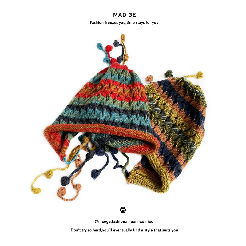 Korean Version Colored Ball Ear Protector Knitted Hat Wool Blend Beanie Women Fall Winter Retro Personalized Lace-up Fringed Cap