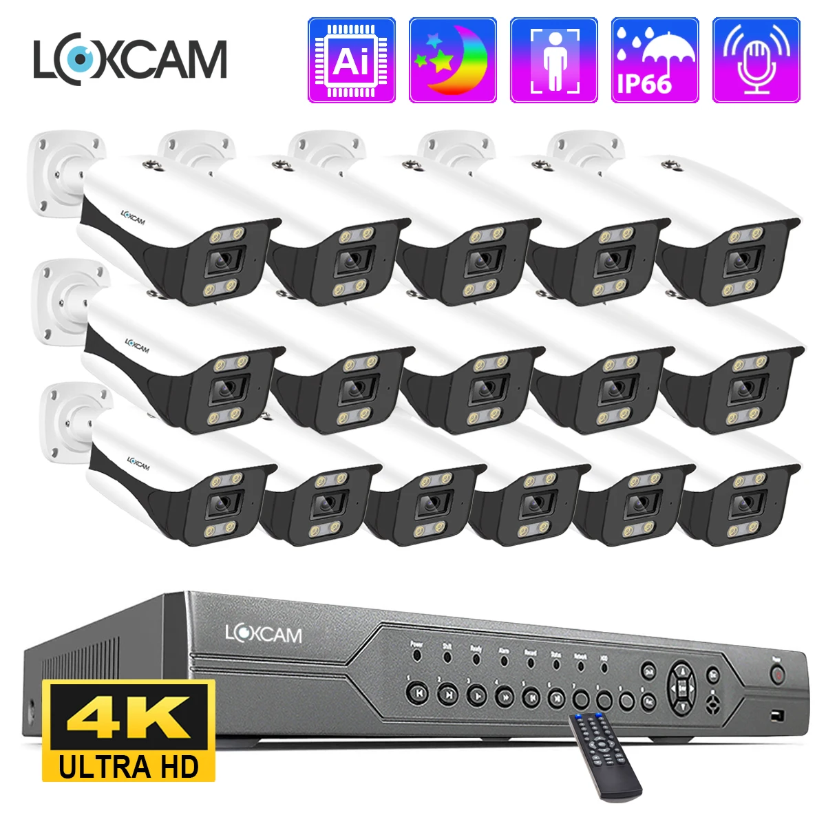 

LOXCAM 16CH POE NVR Kit 4K CCTV Security Camera System 8MP Ai Human Detect Color Night Waterproof Audio Video Surveillance Set