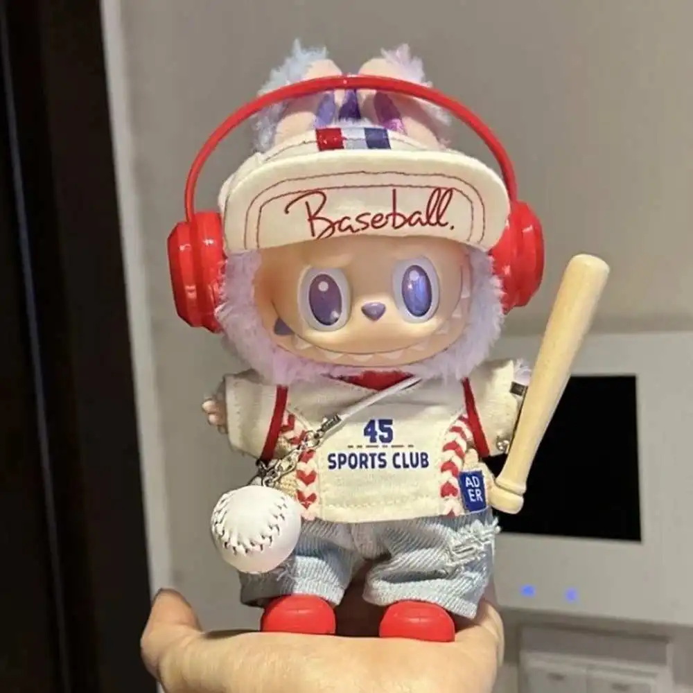 17cm labubu boneca topo + chapéu + sapatos + calças + fone de ouvido uniforme de beisebol conjunto roupas mini boneca de pelúcia acessórios