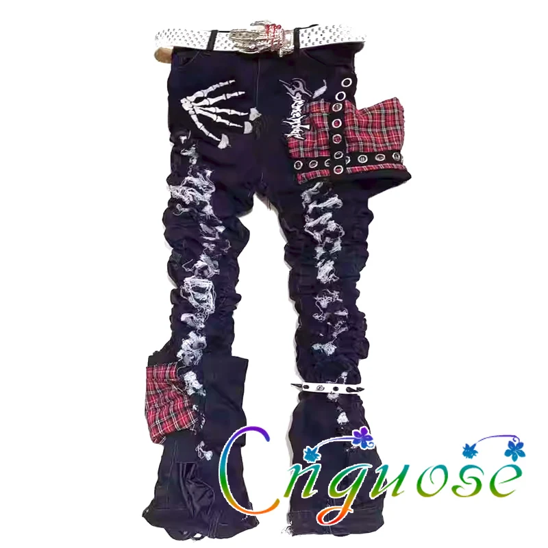 2023 Mens Jeans Kill Matt Punk Rock style Japanese Hole Skull Pattern Plaid Rivet Pants Streetwear Men's pants