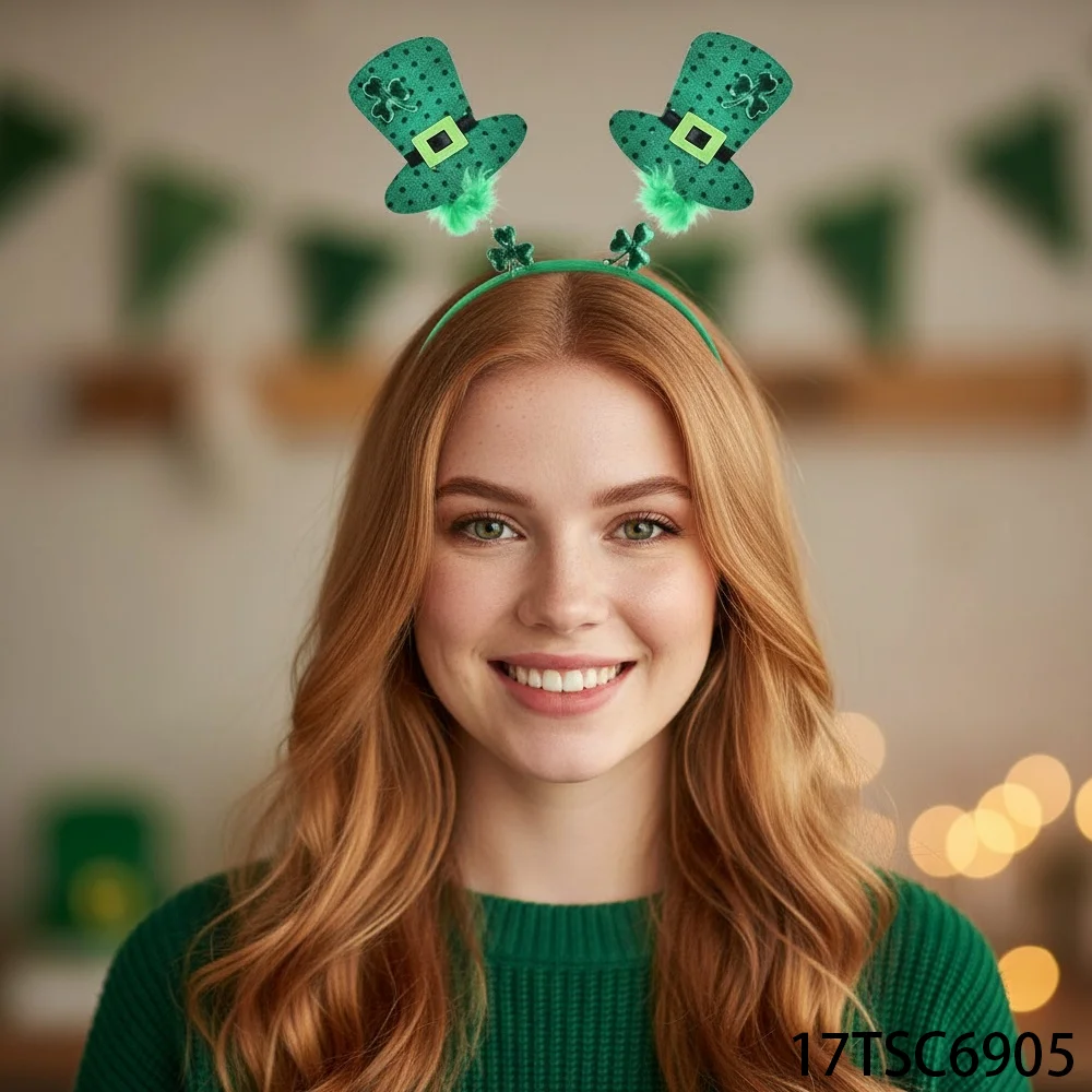 

Комплект головных уборов ко Дню Святого Патрика: шляпы с бантиками-трилистниками, аксессуары для клевера, идеально подходящие для праздничных торжеств зеленой тематики