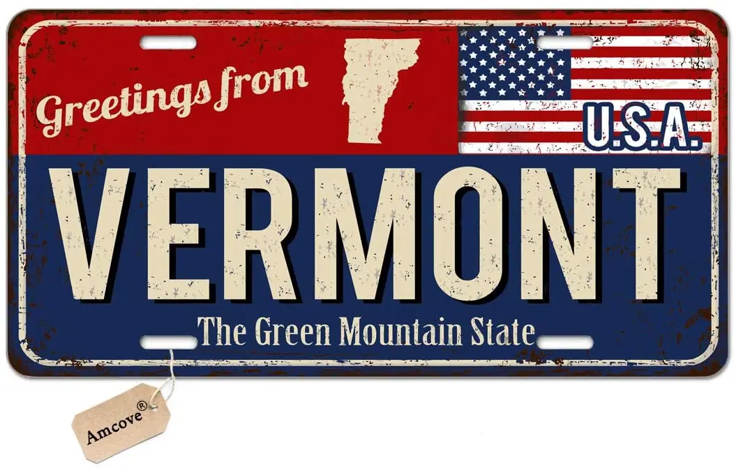 Amcove License Plate Greetings from Vermont Vintage Rusty Metal Sign with American Flag Decorative Car Front License Plate