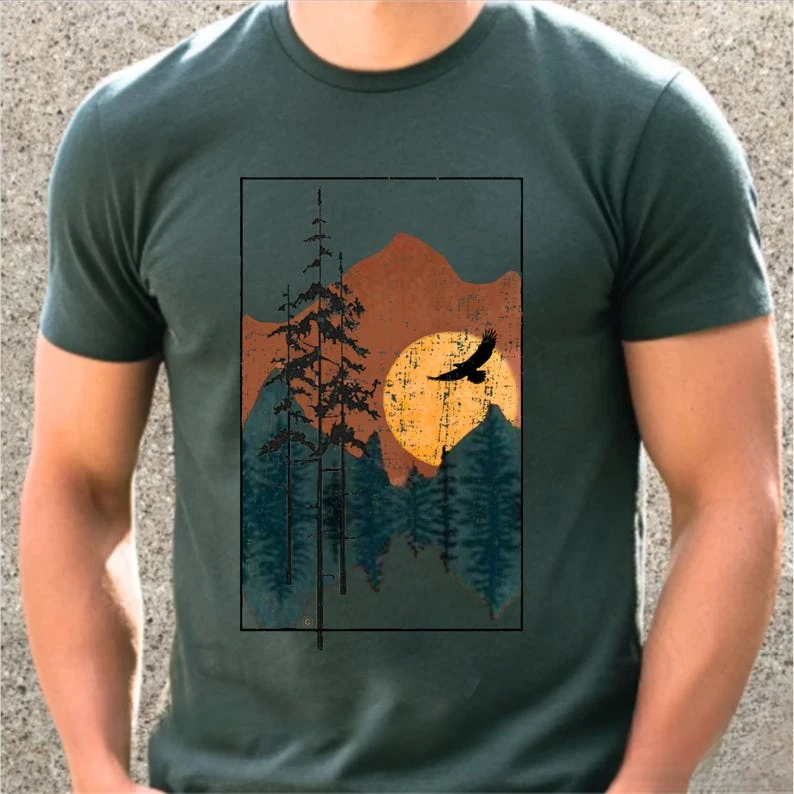 Forest Camping Outdoors Environmental Soar Nature Men's Short-sleev Loose Casual O-neck Stretchy Nature Graphic Printed Tee Tops