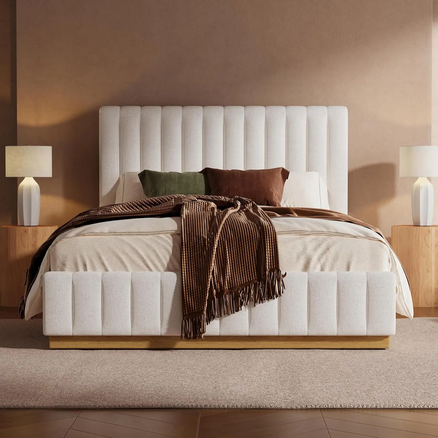 Queen Size Linen Upholstered Bed Frame, Platform Bed with Thick Headboard Stitched Lines for Bedroom, Solid Wooden, Customized