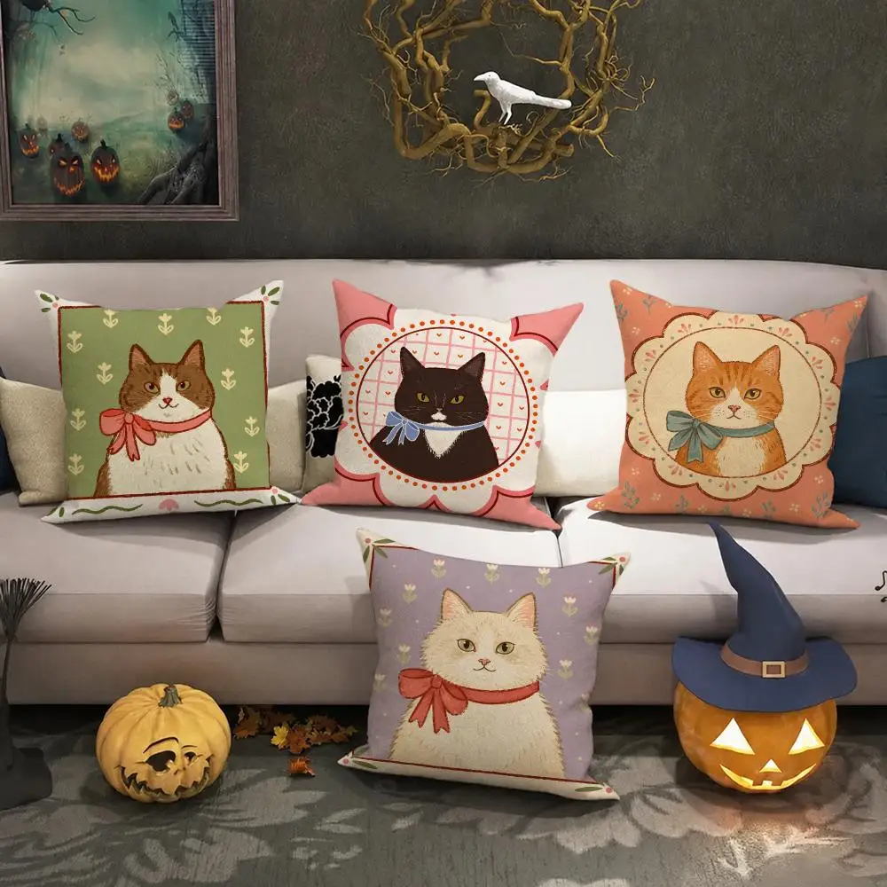 Floral Cat Portrait cute Cushion Cover Halloween decoration trick or treat cushion cover, ghost, pumpkin head, bat decoration