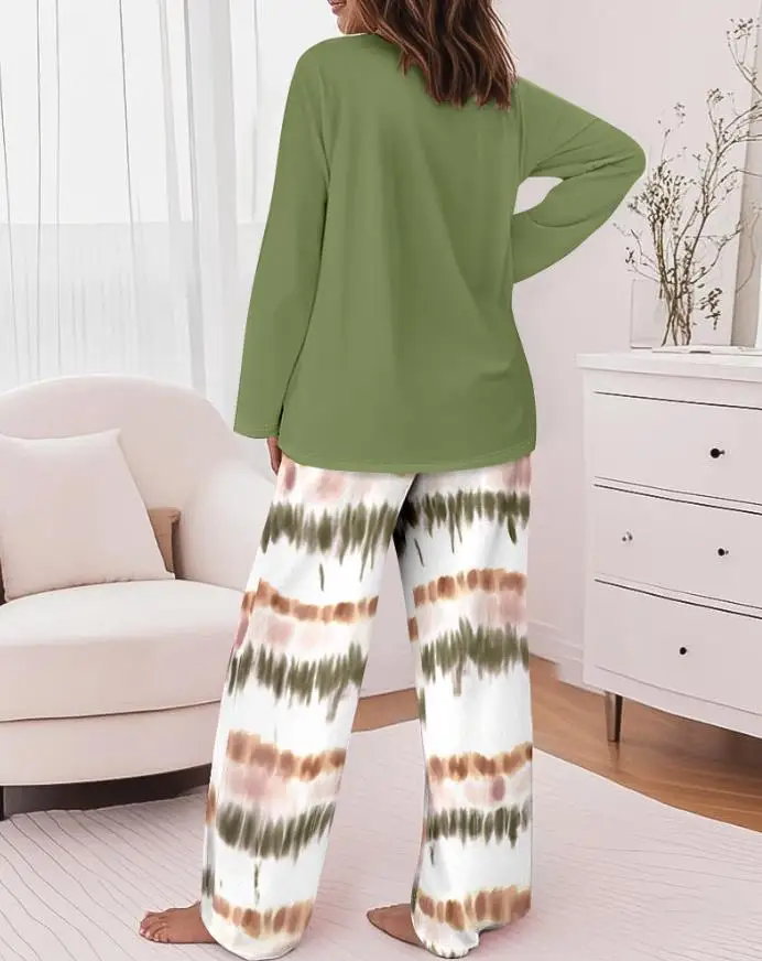 

Round Neck Letter Printed Long Sleeved Top and Gradient High Waisted Straight Leg Pants Set for Autumn Women's Home 2-Piece Set