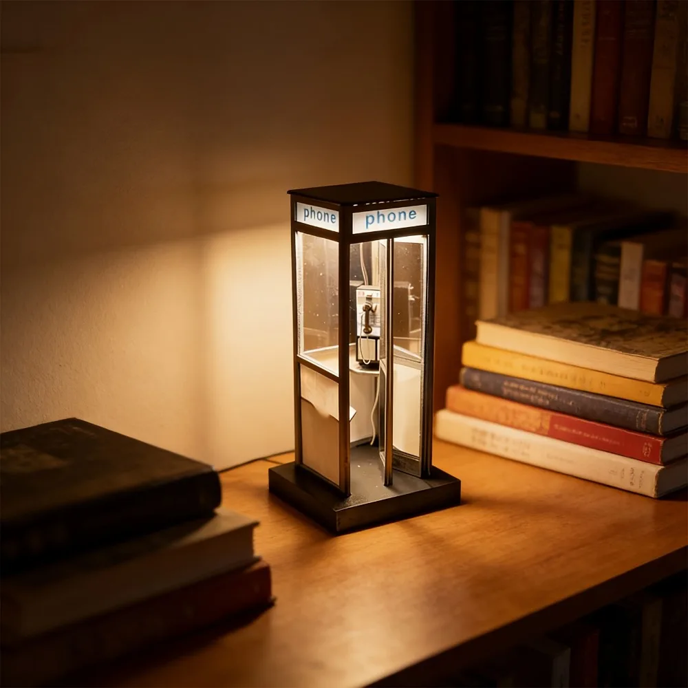 Retro Vintage Tall Phonebooth Lamp, Classic Telephone Booth Table Lamp With Warm LED Light, Phone Box Decorative Night Light view 4