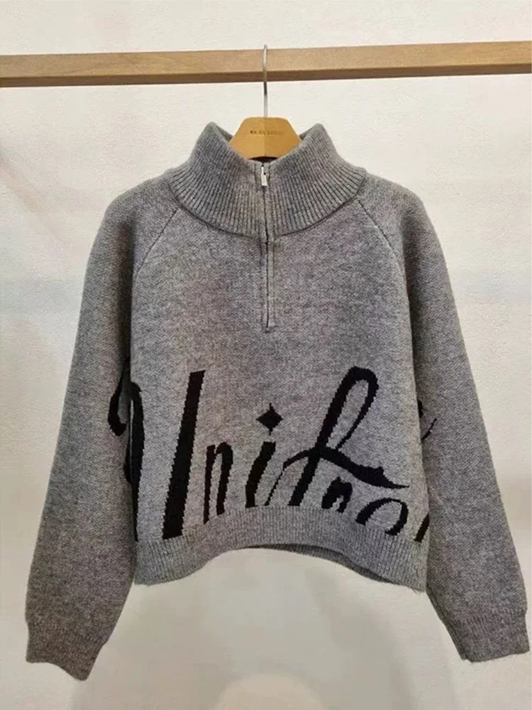 

Новое поступление весны и осени премиум-класса с круглым вырезом и серым узором, вязаный свитер с длинными рукавами, женский свободный топ