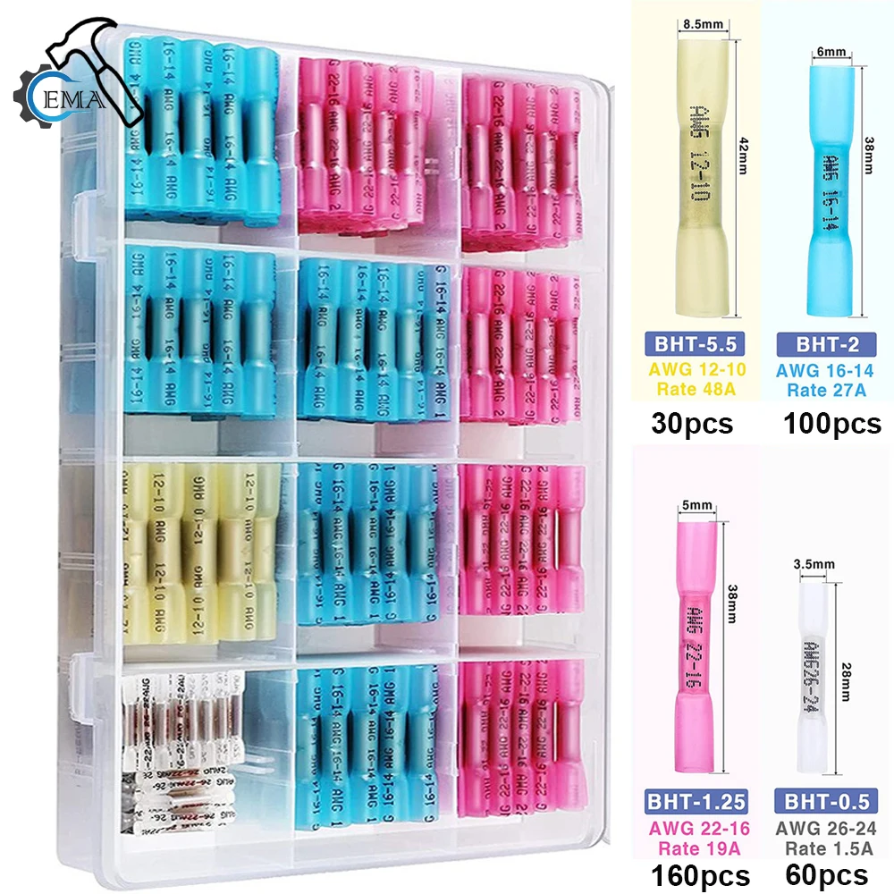 80/130/220/350PCS/Box Waterproof Seal Heat Shrink Butt Connectors Electrical Wire Splice Cable Crimp Terminals Connectors Kit
