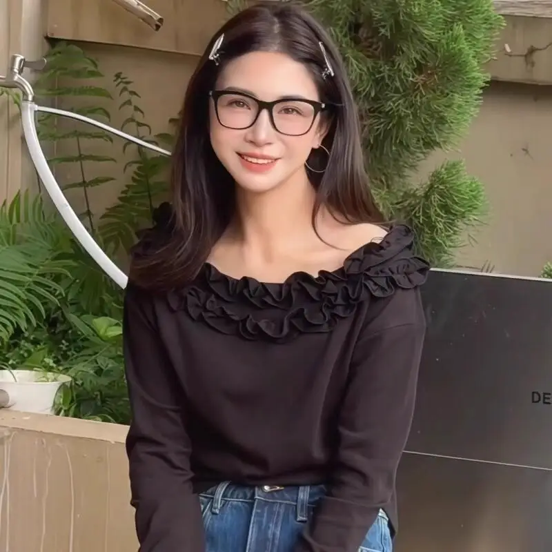 

Kawaii Girl Модные топы Студенческая повседневная женская одежда с героями мультфильмов Ранняя осень Уникальная футболка с длинными рукавами Женская футболка с открытыми плечами Новинка