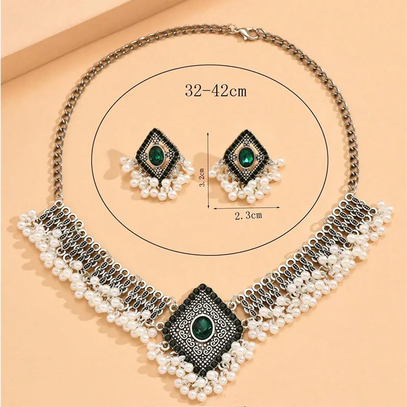Fashion Vintage Choker Necklace Earrings Set For Women Geometric Crystal Jewelry Sets Simulated Pearl Beads Jewelry Set