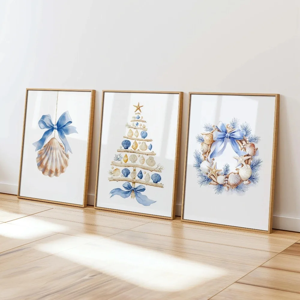 Frameless Coastal Christmas Wall,Shell Christmas Print,Blue Nautical Holiday Living Room Bedroom Wall Art,Beach Christmas Decor