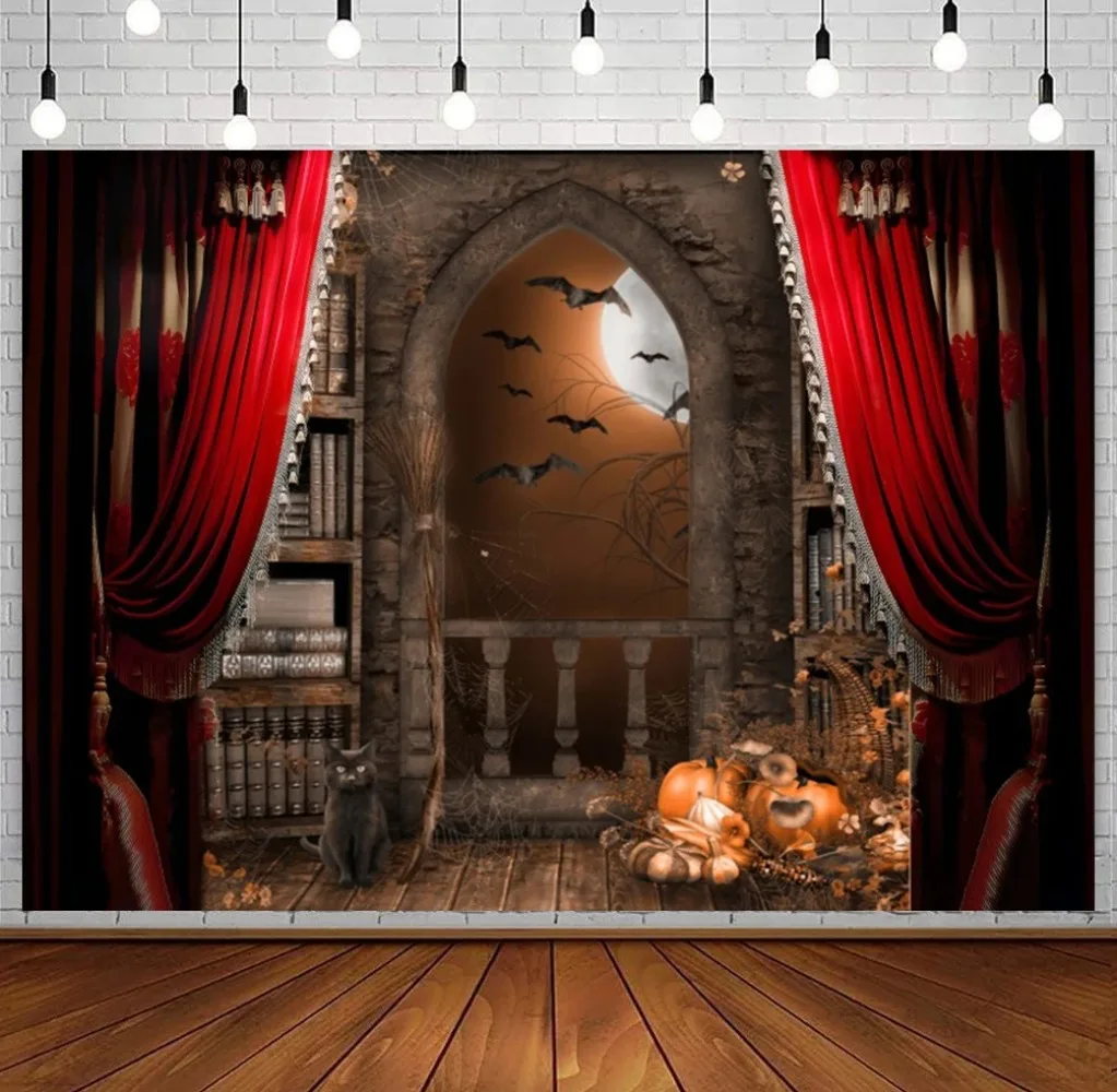 

Halloween Backdrops Retro Red Curtain Moon Night Window Bloody Mudra Kid Party Portrait Photography Background Photo Studio
