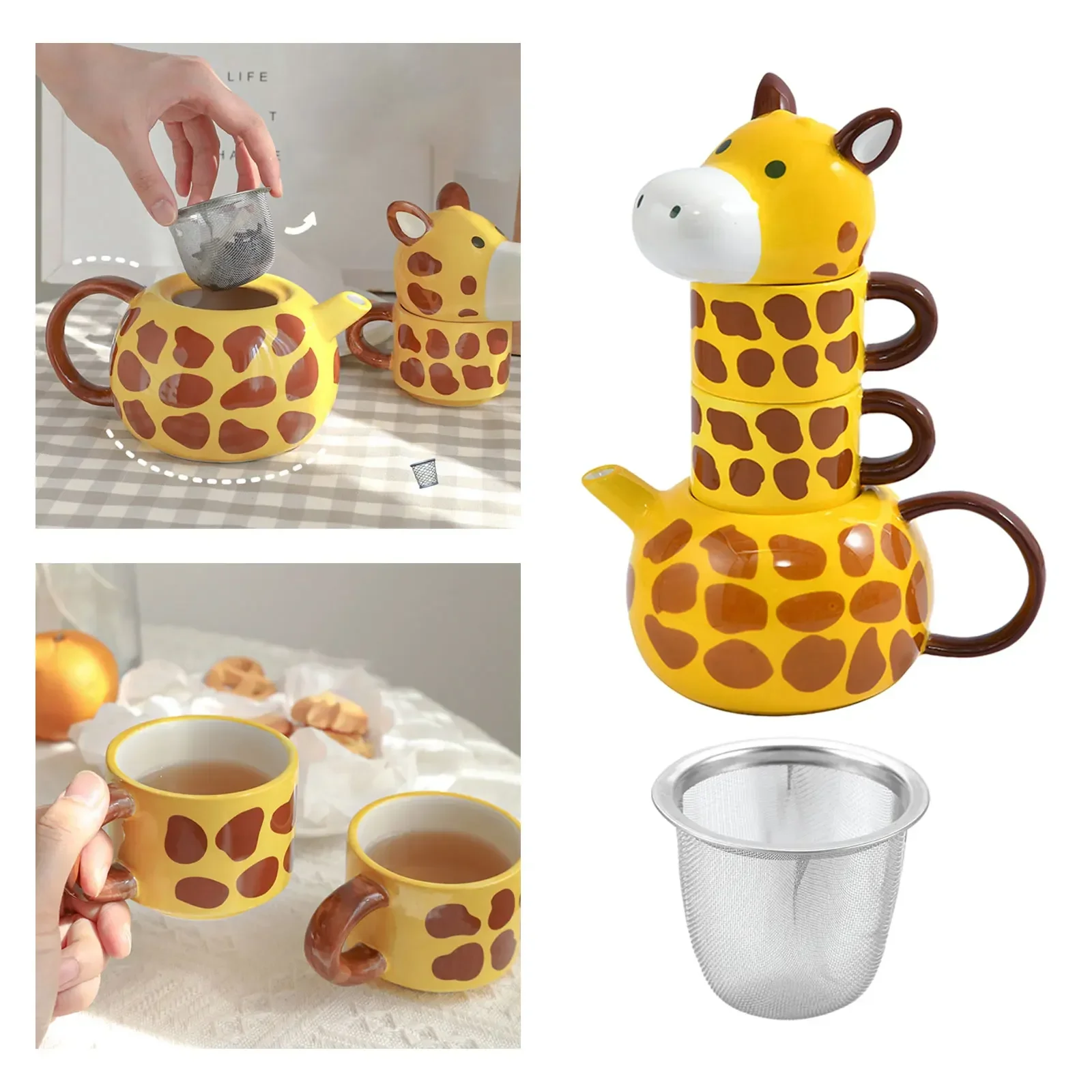 

Cartoon Giraffe Tea Set Kids Gift with 2 Cups,Filter and Lid for Boys Girl Coffee Mug for Hiking Table Picnics Home Office