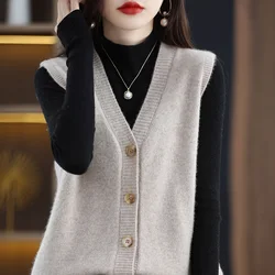 Girls Wear New Women's Loose High-End Waistcoat Knit Vest Wool V-Neck Solid Color Button Sleeveless Fashion Coat Cardigan Trend